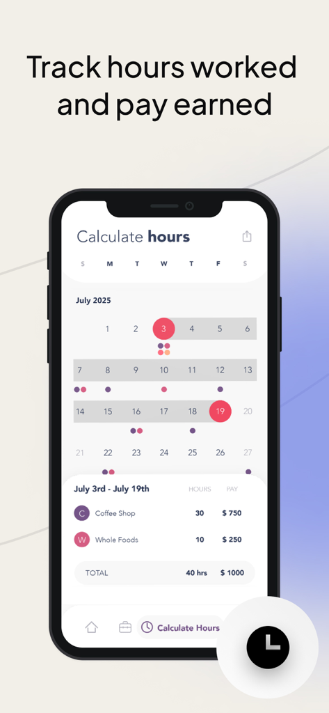 WorkTime: Shift Work Calendar - Uma tela de smartphone exibindo a calculadora de horas e salários do aplicativo WorkTime com um calendário mostrando turnos e um detalhamento dos ganhos de vários empregos.