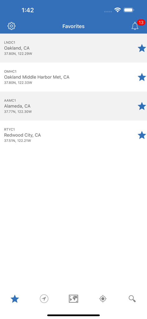 NOAA Buoys Marine Weather PRO - The favorites screen of the NOAA Buoys Marine Weather PRO app showing a list of saved buoy stations in California with coordinates