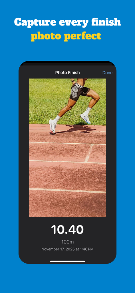SoloSprint app photo finish screen showing a sprinter crossing the finish line with a time of 10.40 seconds