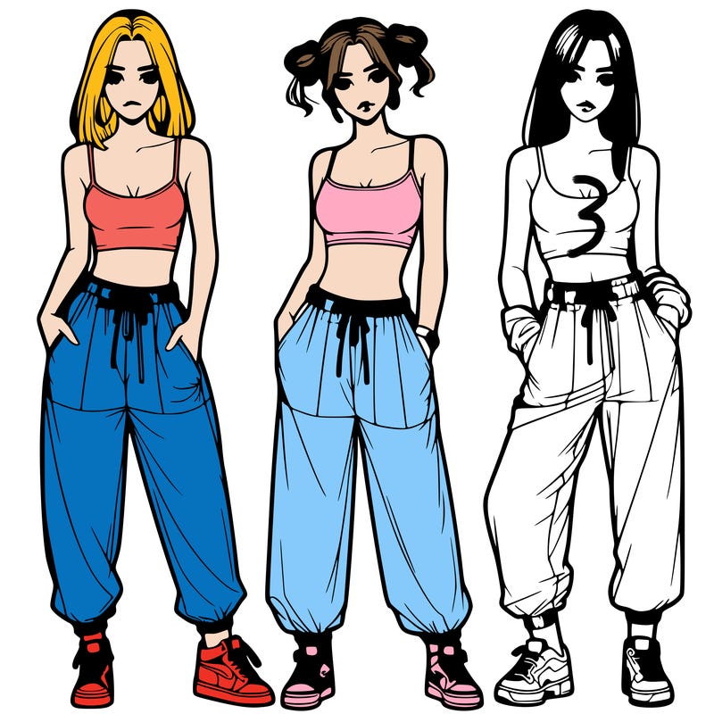 realistic girls with baggy pants and crop top