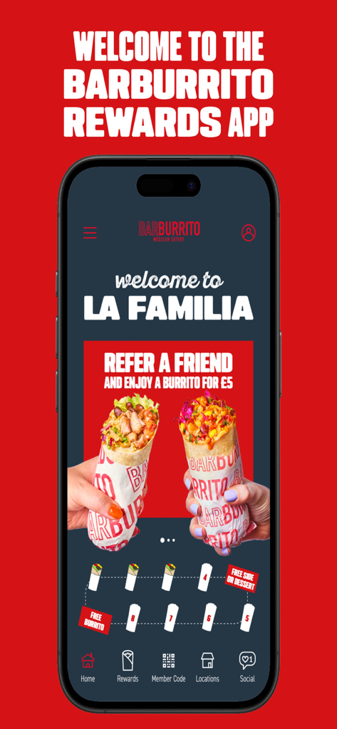 Barburrito Rewards - The Barburrito Rewards mobile app interface showing a digital loyalty stamp card and refer a friend promotion