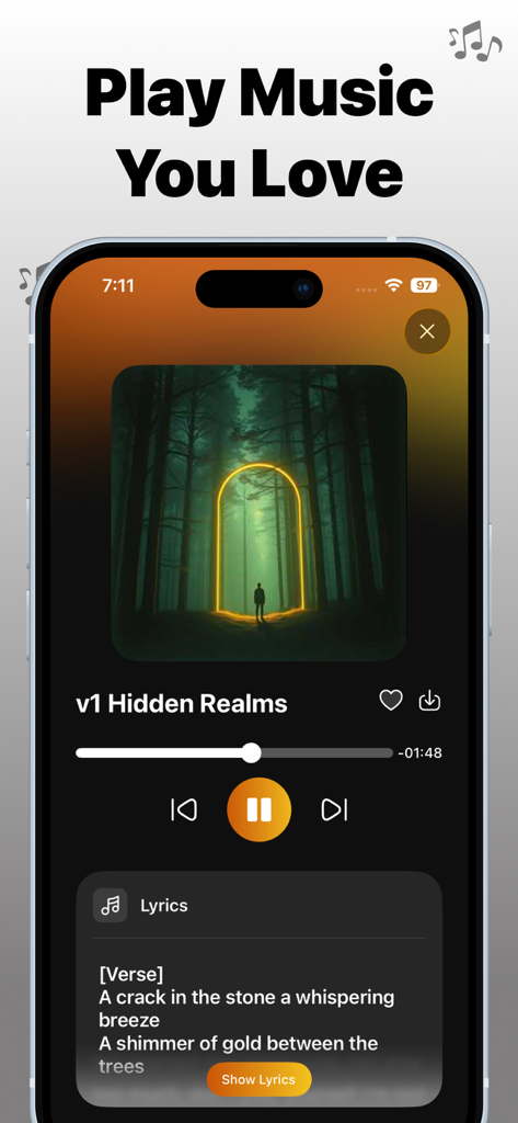 AI Music Generator : AI Songs - Un smartphone que muestra la interfaz del reproductor de música de la aplicación Generador de Música IA con letras y controles de reproducción.