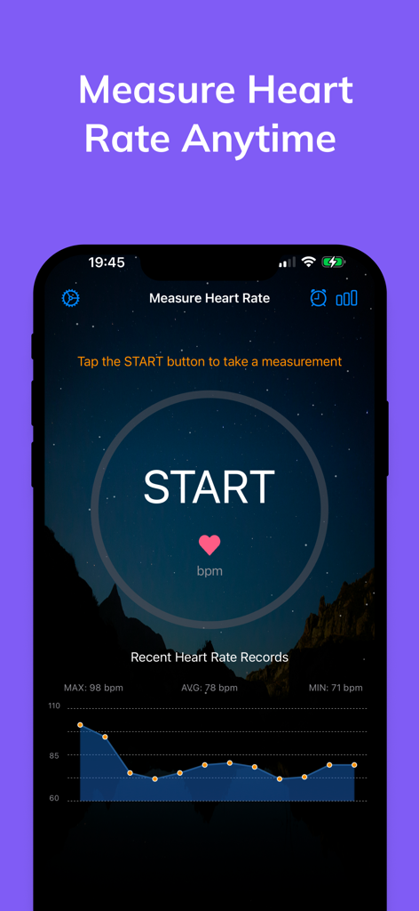 Measure Heart Rate - Measure Heart Rate app interface featuring a start button and heart rate history graph