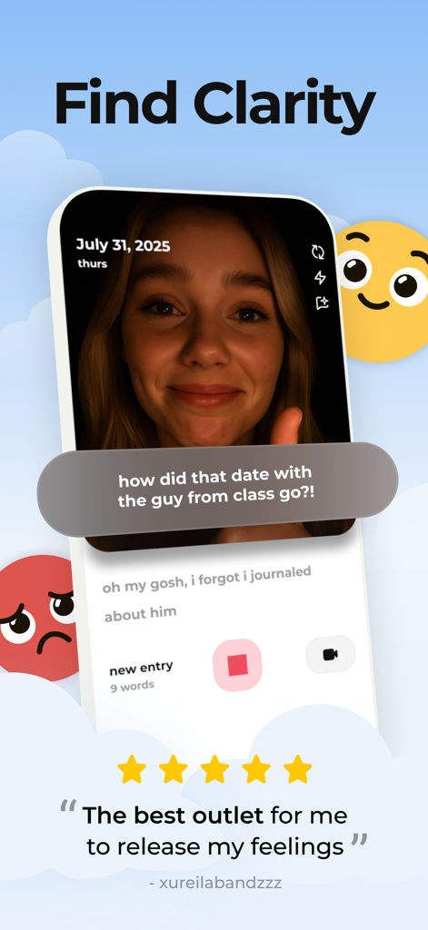 Confide - Video Journal - A woman recording a video entry in the Confide app with an AI conversation prompt asking about her day.