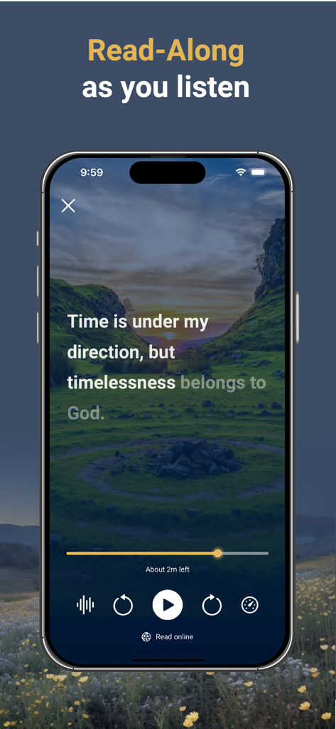 A Course in Miracles Audio - Interface of the ACIM Audio app showing the synchronized read-along text over a scenic landscape background.