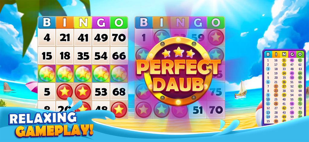 Bingo Mania™ Live Bingo Games - A bingo card game interface with a beach background showing a perfect daub badge and relaxing gameplay text.