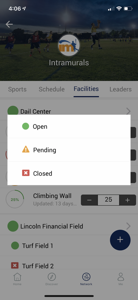 IMLeagues - IMLeagues app interface showing a list of campus facilities with their current status like open or closed