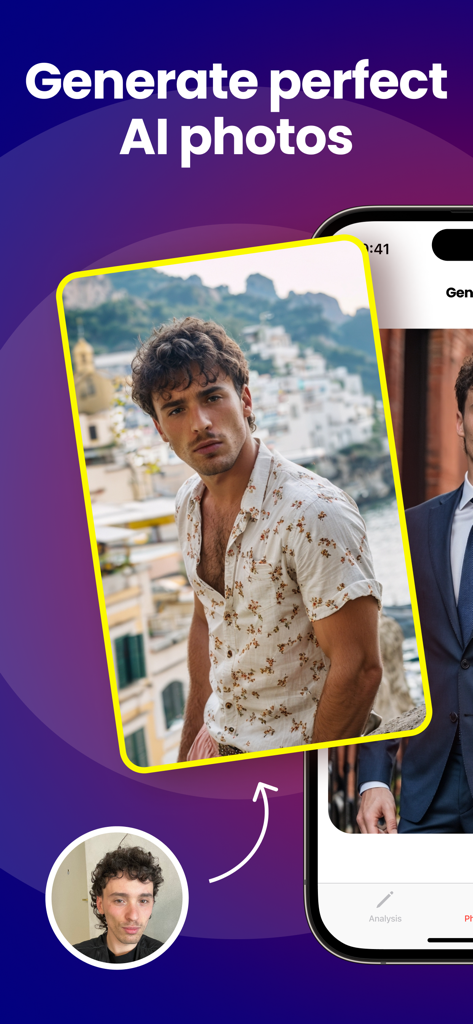 A comparison between a simple male selfie and a high-quality AI-generated dating profile photo showing professional results.