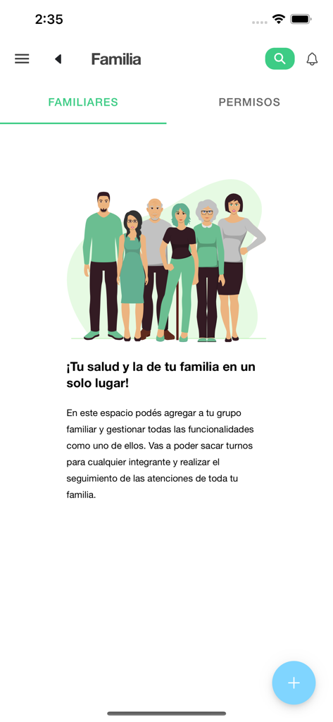 Sección de gestión familiar de la aplicación Red-i Portal Paciente con ilustración de familia