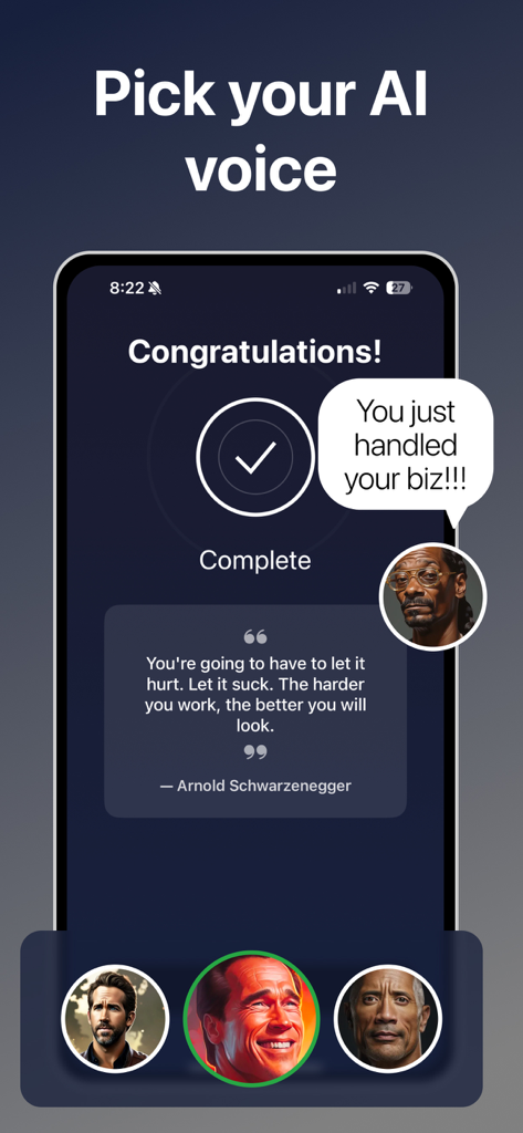 Interval Timer HIIT Workout - Selection screen for celebrity AI voice cues in a HIIT workout timer app