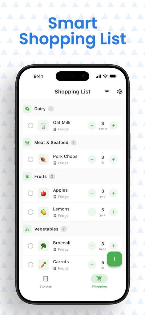 Smart shopping list screen of the Food Stock Master app