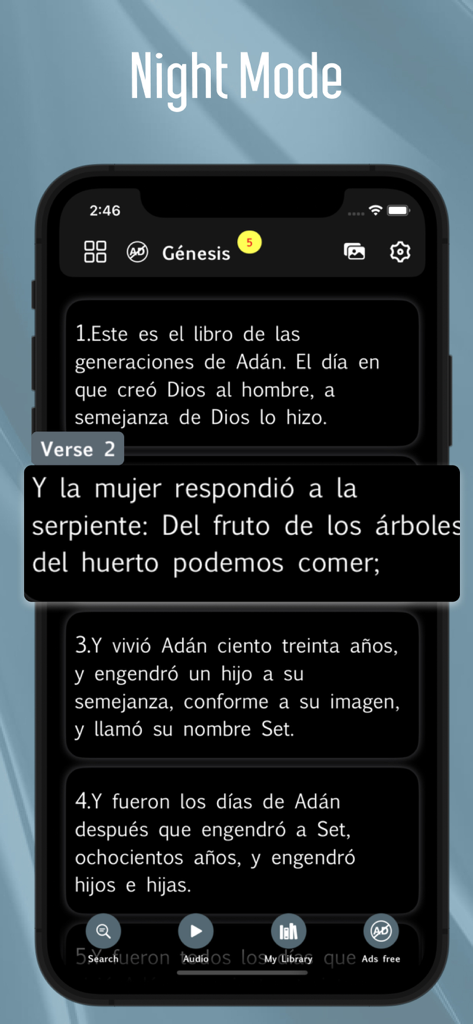 La aplicación Reina Valera 1960 Bible en modo nocturno mostrando escrituras en español de Génesis.