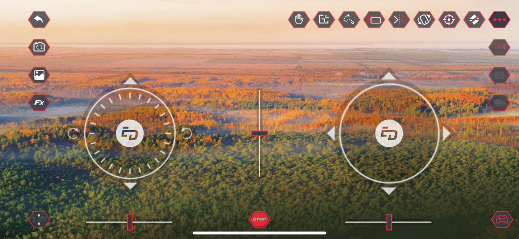 Elite Drone - Elite Drone app flight control interface with virtual joysticks and live aerial camera feed of a forest at sunset
