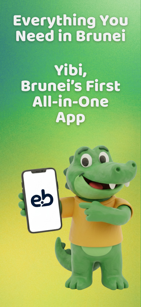 Mascota de cocodrilo de dibujos animados sosteniendo un smartphone junto a un texto que dice Yibi Brunéi, la Primera Aplicación Integral