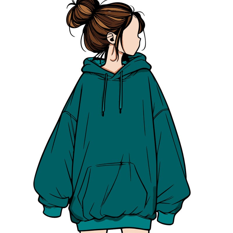 realistic girl with a oversized sweatshirt on and a bun