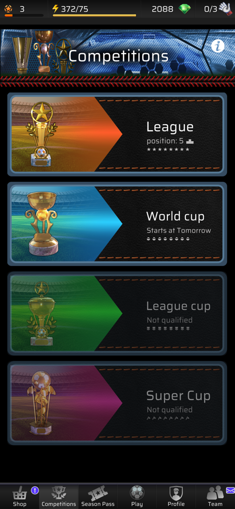 Football game competitions menu screen displaying tournament options including League and World Cup with golden trophies