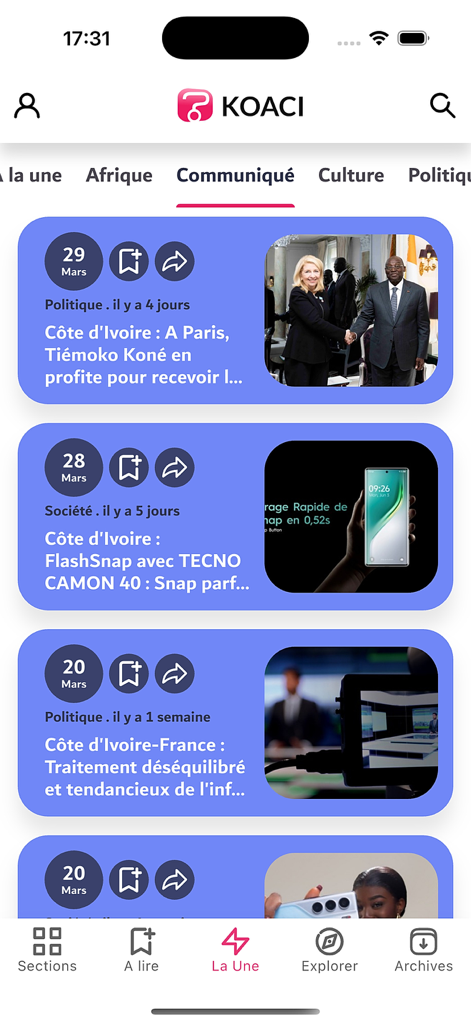 Interfaz de la aplicación móvil Koaci que muestra un feed de noticias con artículos sobre Costa de Marfil y África Occidental.