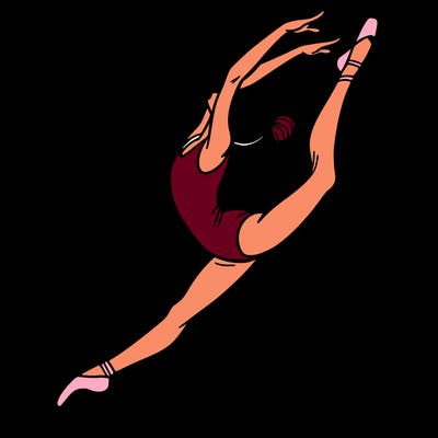 gymnast doing a leap in a leotard with a bent back leg