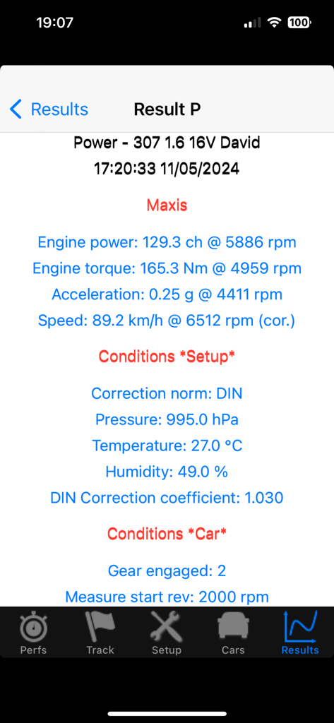 Engine power and torque measurement results screen in the PerfectPower app showing data for a 1.6 16V engine.