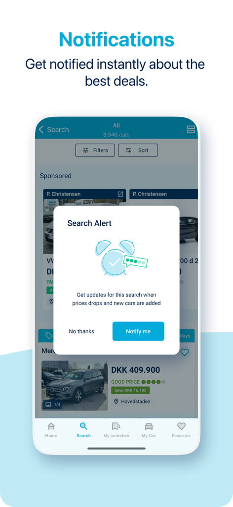 AutoUncle app showing a search alert popup for used car price drops and new listings.