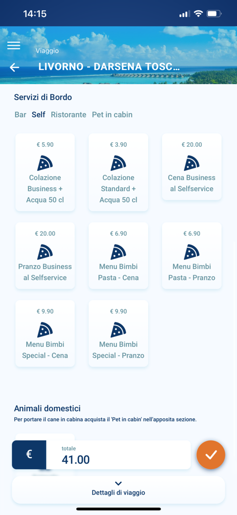 Grimaldi Lines mobile app interface displaying onboard meal selections and prices