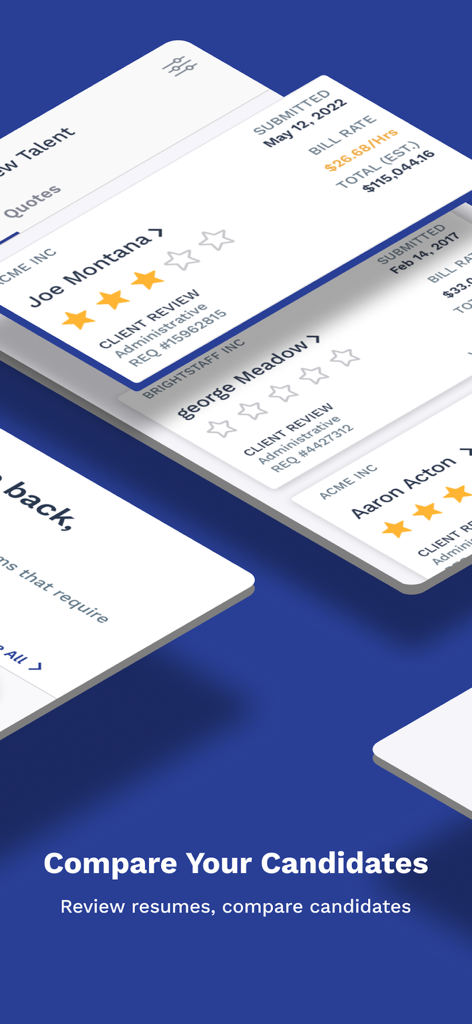 Interface showing candidate profiles with star ratings and bill rates for hiring managers