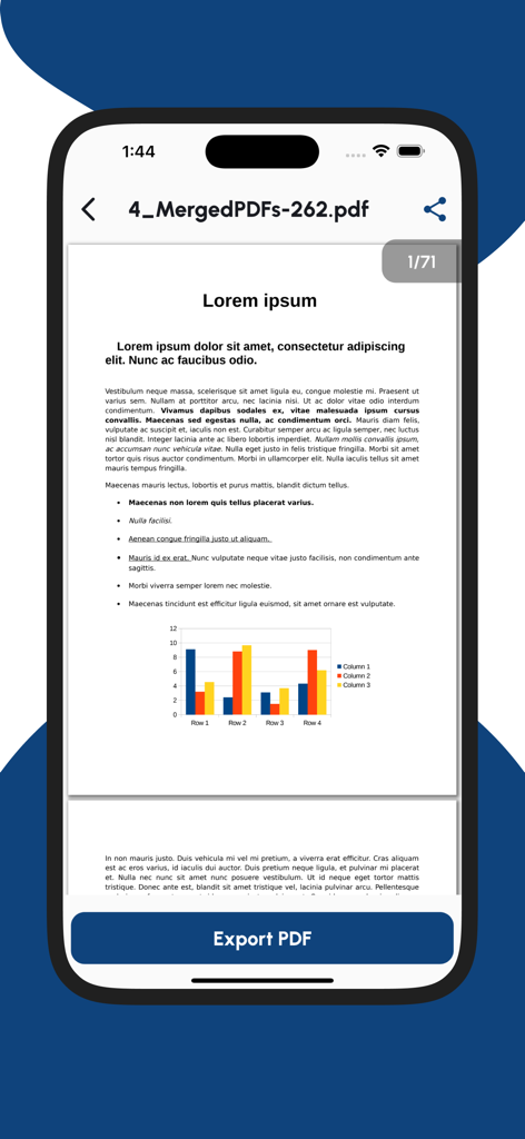 Merge PDF - Combine PDF Files - iPhone screen showing a preview of a merged PDF document with an export button
