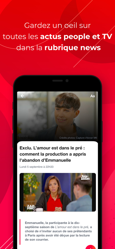 Programme TV Télé-Loisirs - Écran montrant des articles sur les célébrités et la télévision dans l'application Tele Loisirs.