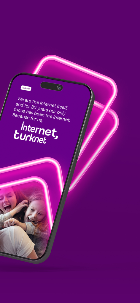 A smartphone displaying the TurkNet app interface with brand messaging on a purple background with neon accents