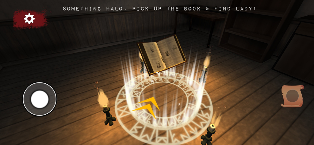 Evil Lady Escape: Horror Game - A glowing ritual circle with a floating magic book and candles in a dark room