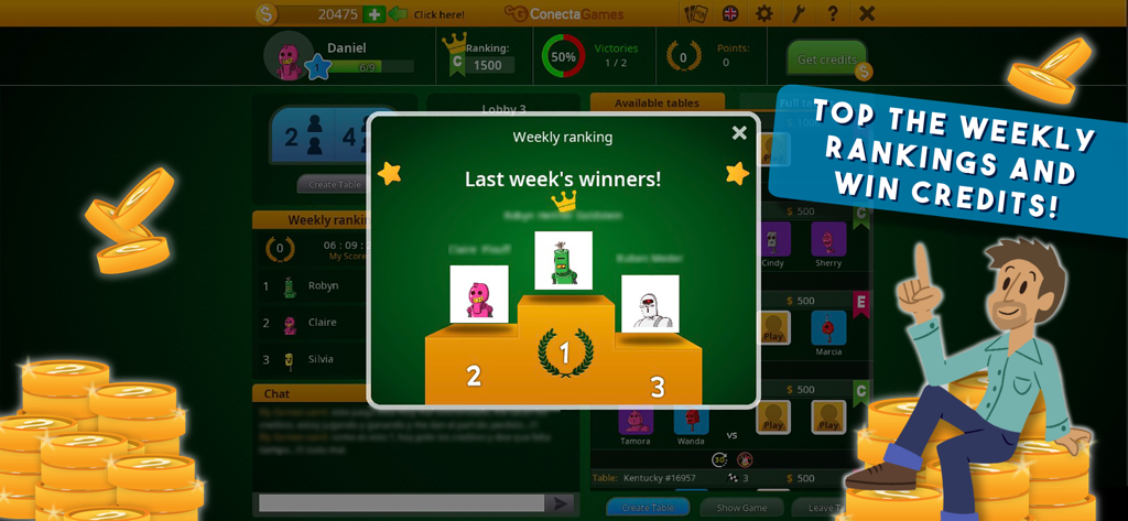 Burako - Weekly ranking screen in the Burako app featuring a winners podium and credit rewards