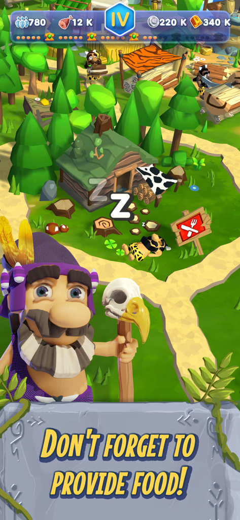 Rise of Empire: Idle Tycoon - A cartoonish prehistoric village in Rise of Empire Idle Tycoon with a shaman character and a message to provide food