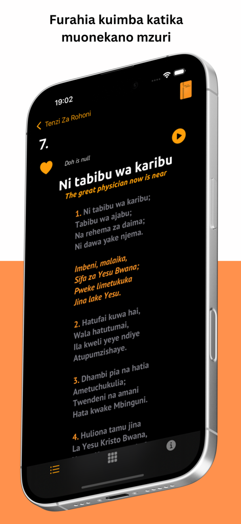 Tenzi Za Rohoni - Tenzi Za Rohoni app displaying Swahili hymn lyrics in dark mode on an iPhone
