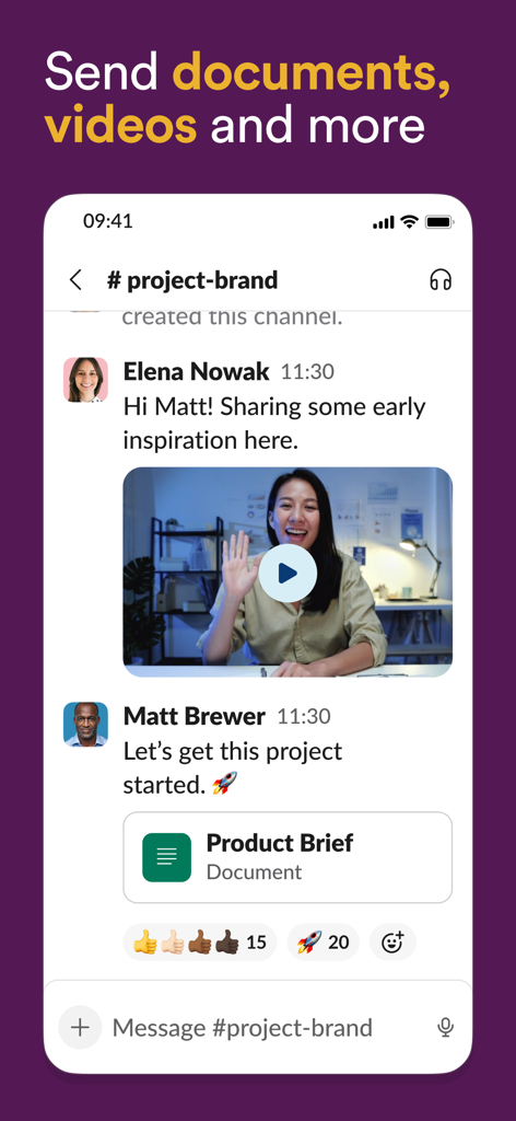 Slack for EMM interface showing users sharing documents and videos in a project channel