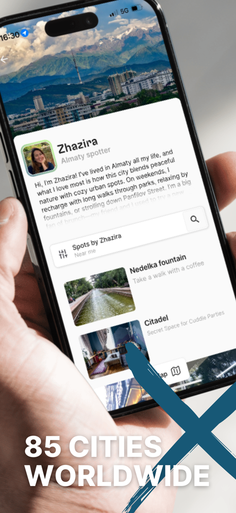 Spotted by Locals City Guides - Spotted by Locals app interface showing authentic travel tips for Almaty from a local resident.