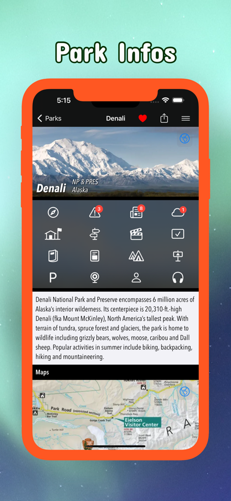Alaska Pocket Maps - Alaska Pocket Maps mobile app screen showing Denali National Park details and maps