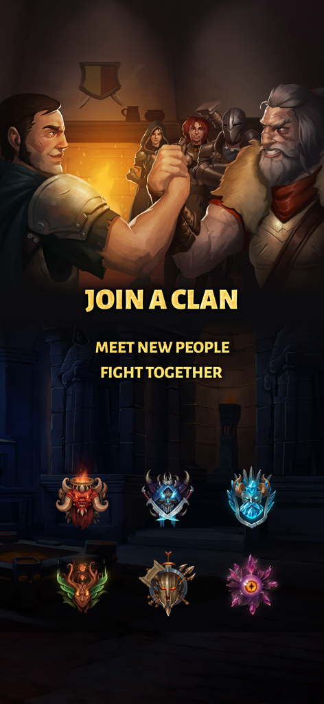 Age of Revenge: Card Based RPG - Two warriors shaking hands to represent joining a clan with several fantasy emblems displayed below