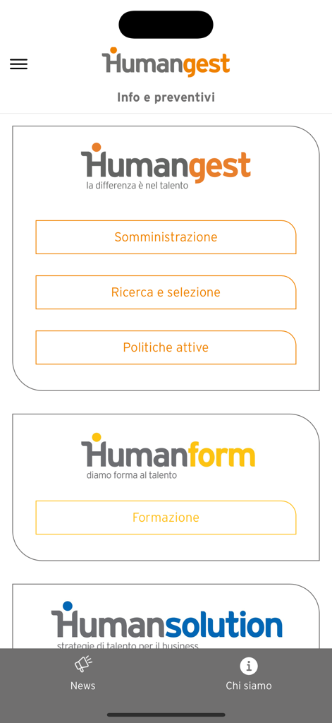 Humangest - Humangest app interface showing recruitment training and business solution services