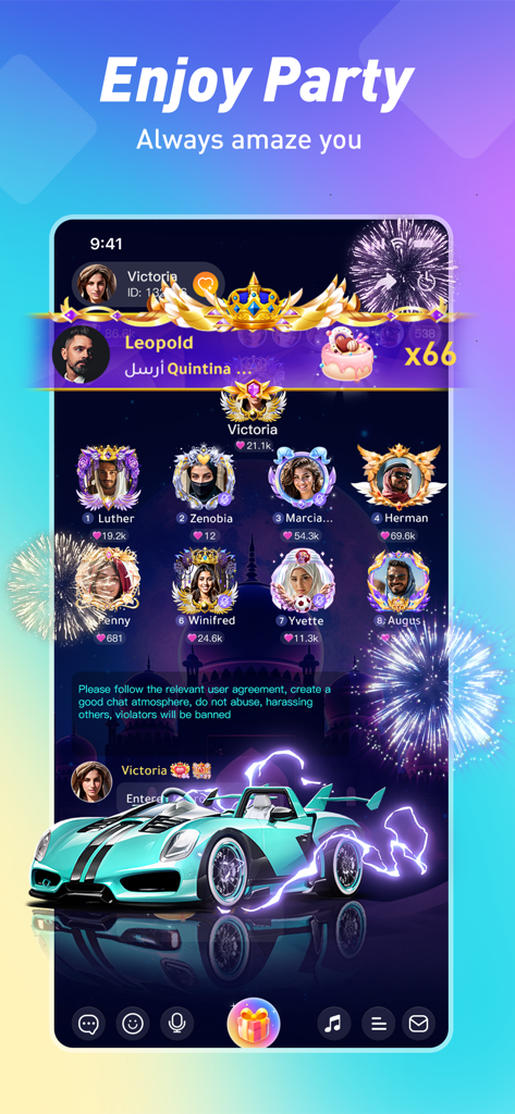 YOOY- Group Voice Chat - ユーザーアバターと高級車の入場エフェクトを備えたYOOYグループボイスチャットルームインターフェイス。