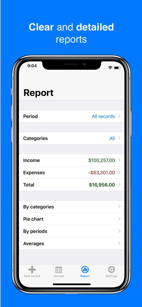 Financial report summary screen showing income and expenses in the Filki app