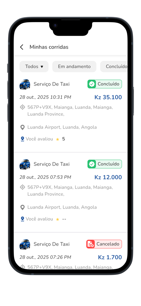 Vambazar - Vambazar mobile app screen showing a list of past taxi rides with prices and trip status