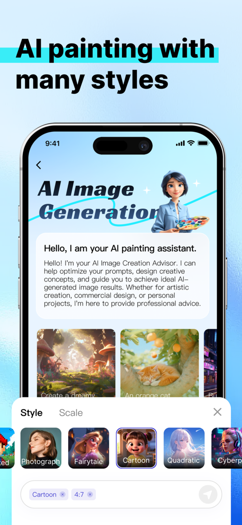 GenieX - AI Chat - Interface do aplicativo GenieX mostrando recursos de geração de imagens de IA com vários estilos artísticos e um assistente de pintura de IA.