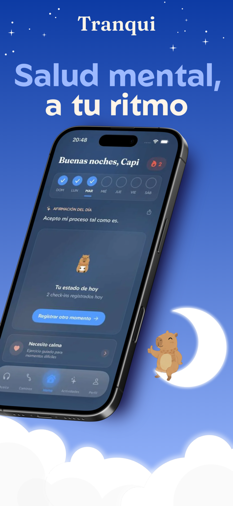 Tranqui - Bienestar Emocional - Tranqui app home screen featuring mental health tools and daily affirmations in Spanish