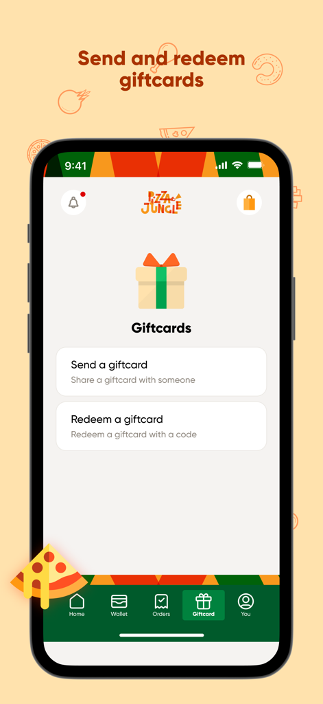 Pizza Jungle - Pizza Jungle mobile app interface showing gift card options to send and redeem gift cards.