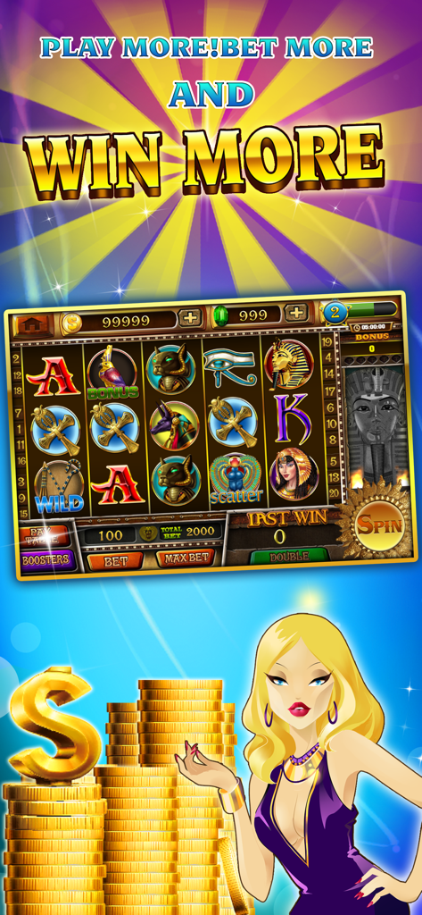 Slots - Pharaoh's Treasure - Interfaccia di gioco di slot machine a tema Antico Egitto con pile di monete d'oro e un'illustrazione di un personaggio