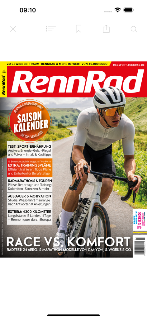 RennRad Magazin Digitalcover mit einem Radfahrer auf einem Rennrad mit Themen zu Training und Ausrüstung