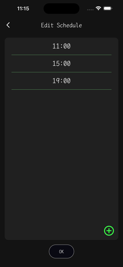 NeckFoo app screen for editing daily neck relaxation exercise reminders showing scheduled times at 11:00 15:00 and 19:00