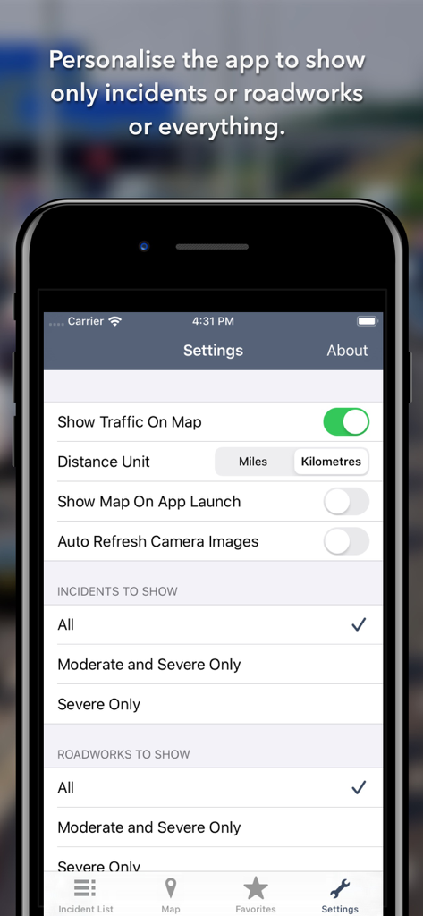 Settings screen of the Alberta Roads app showing options to personalize traffic incident and roadwork filters.