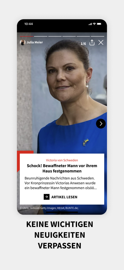 BUNTE.de – Stars & Royals News - Uno screenshot dell'app BUNTE.de con un articolo di notizie sulla Principessa Victoria di Svezia con una call to action per non perdere mai notizie importanti.