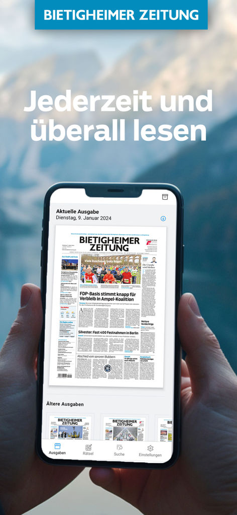 BZ ePaper - Smartphone zeigt die BZ ePaper-App für digitale Zeitungen mit einem unscharfen Berg-Hintergrund an